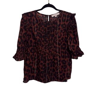 Loft Size Small Leopard Animal Print Metallic Blouse Top Ruffle Cotton Boho